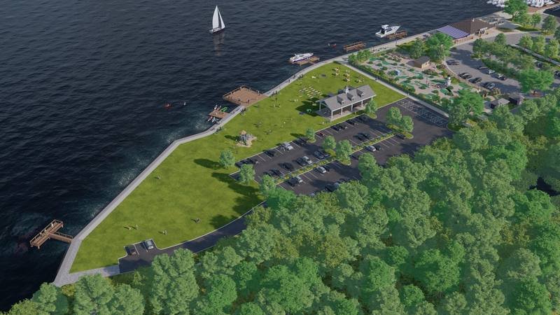 Wide aerial rendering of Saybrook Point waterfront park