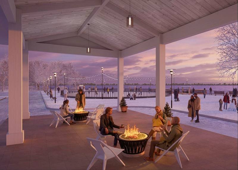 Winter rendering with fire pits under pavilion