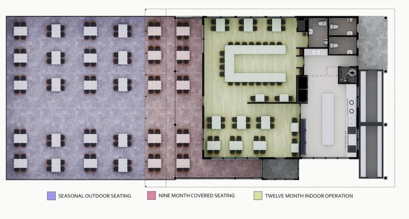 Restaurant floor plan showing seasonal outdoor dining, nine-month covered seating, and twelve-month indoor preparation areas